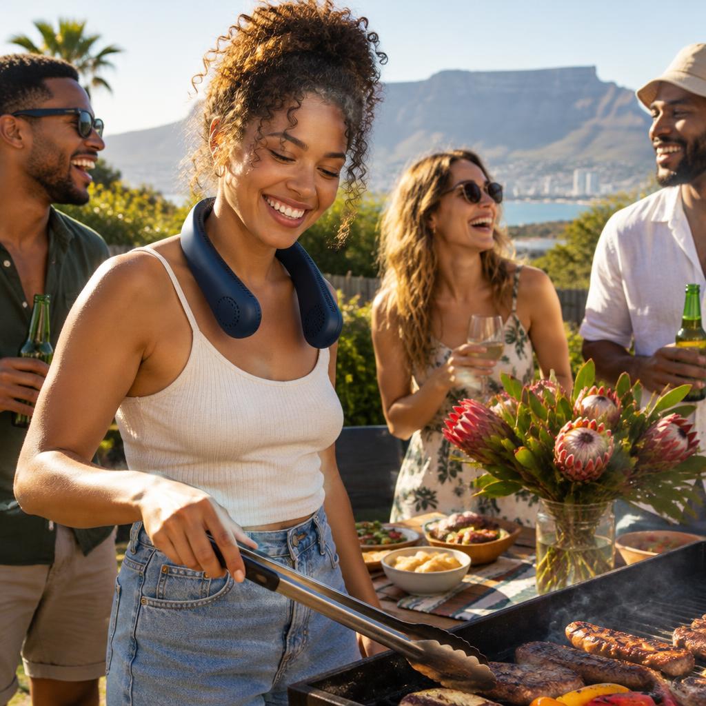 Friends enjoying a braai while one wears a Nomad AC neck fan