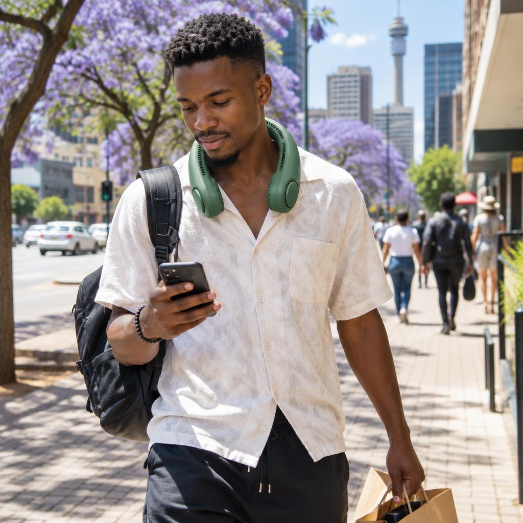 Walking through a sunny South African city wearing a Nomad AC neck fan