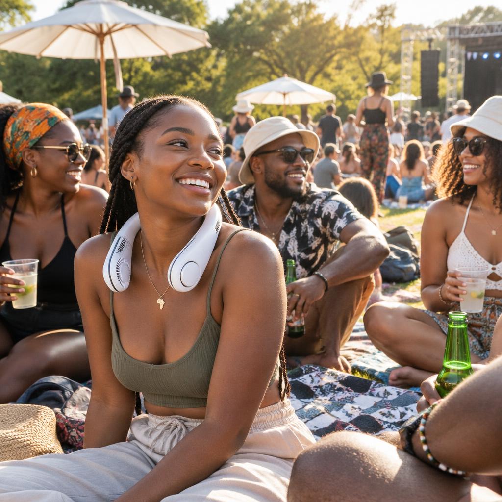 Enjoying an outdoor summer event with a Nomad AC neck fan